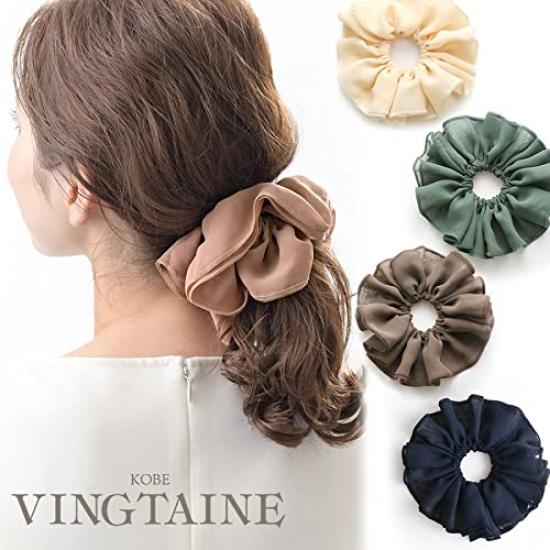 VINGTAINE Ruffled Chiffon Scrunchie Hair Accessory in Muted Simple and Sophisticated for Everyday Use Colors, (HS-160-BEPK)