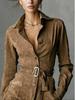 2025 Autumn Suede Velvet Long Sleeve Lapel Shirt Dress with Belt