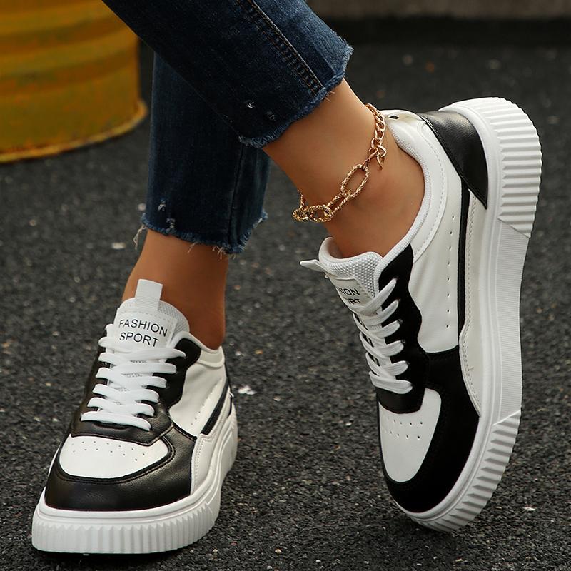 Fashion Black White Chunky Platform Sneakers Women Spring Autumn Lace Up Thick Bottom Vulcanizd Shoes Woman Pu Leather Sports Sneakers