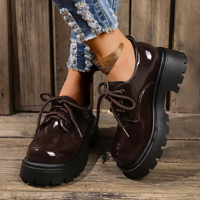 Lucyever Lakované kožené boty Oxford Dámské 2024 Punkový styl Šněrovací platformové boty Dámské Kolegiální styl Silná podrážka Studentské boty