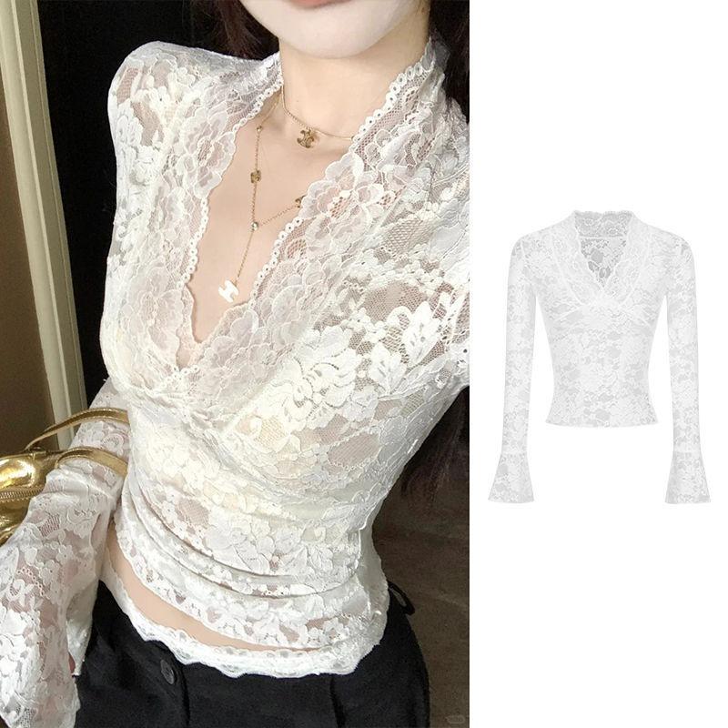 Design: Sensual Collar, Waist-slimming Lace Shirt, Slim Top