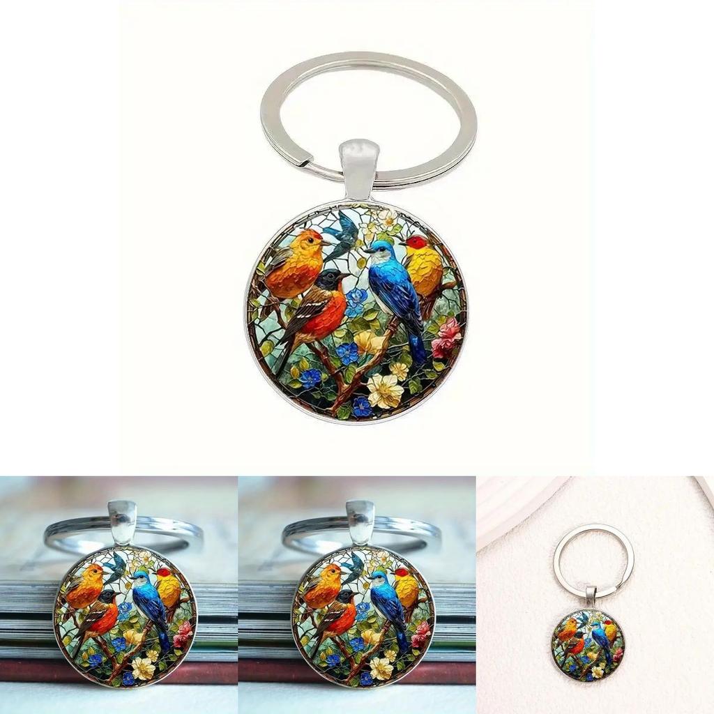 Watercolor Bird Group Glass Keyring With Alloy Material For Gift And Everyday Use