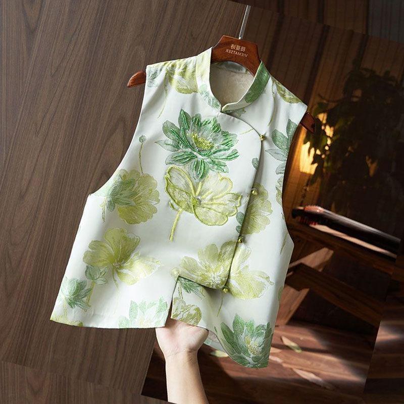 Gilet Jacquard Ricamato Floreale da Donna Stile Retro Cinese Vintage Etnico Senza Maniche Oversize