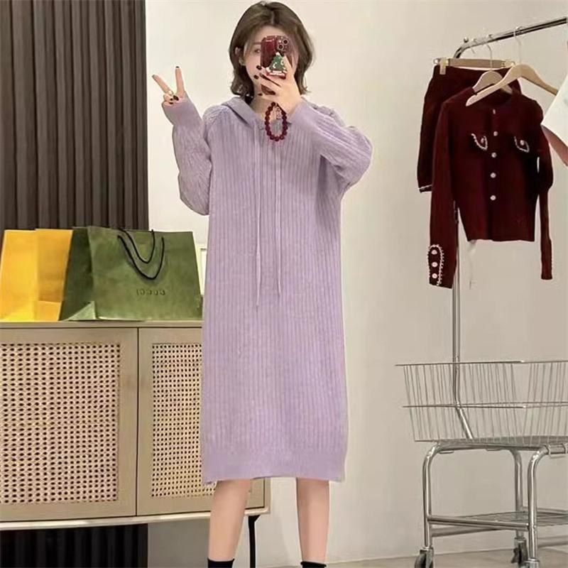 Long over-knee sweater skirt top women's autumn and winter new loose long-sleeved hooded knitted dress women's fashion trend
