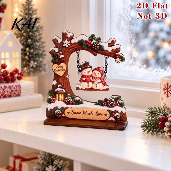 Festive Tabletop Display Wooden Christmas Swing Ornament, Cute Santa Claus Reindeer Penguin 2D Winter Theme Home Accents Flat Decoration for