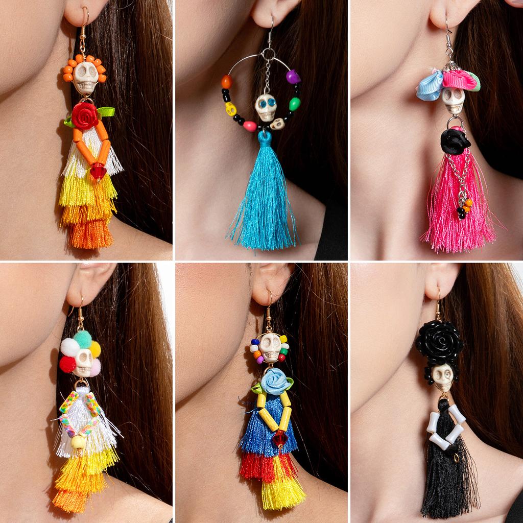 Halloween, Divertenti Divertenti Orecchini con Tassel Teschio Perline di Riso Creativi Orecchini a Rosa