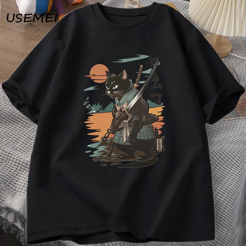 Samurai Cat TShirt Japanese Style Cat Designer Vintage Tshirt Casual Unisex Graphic T Shirts Cotton Short Sleeve Tee Streetwear
