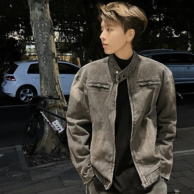 

Washed solid color zipper decorative design sense American niche locomotive denim jacket men s autumn loose ruffian handsome jacket M