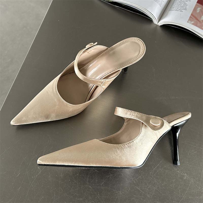 Eilyken Satin Button Pointed Toe Mules Pumps Women Slipper Shallow Thin High Heels Ladies Shoes