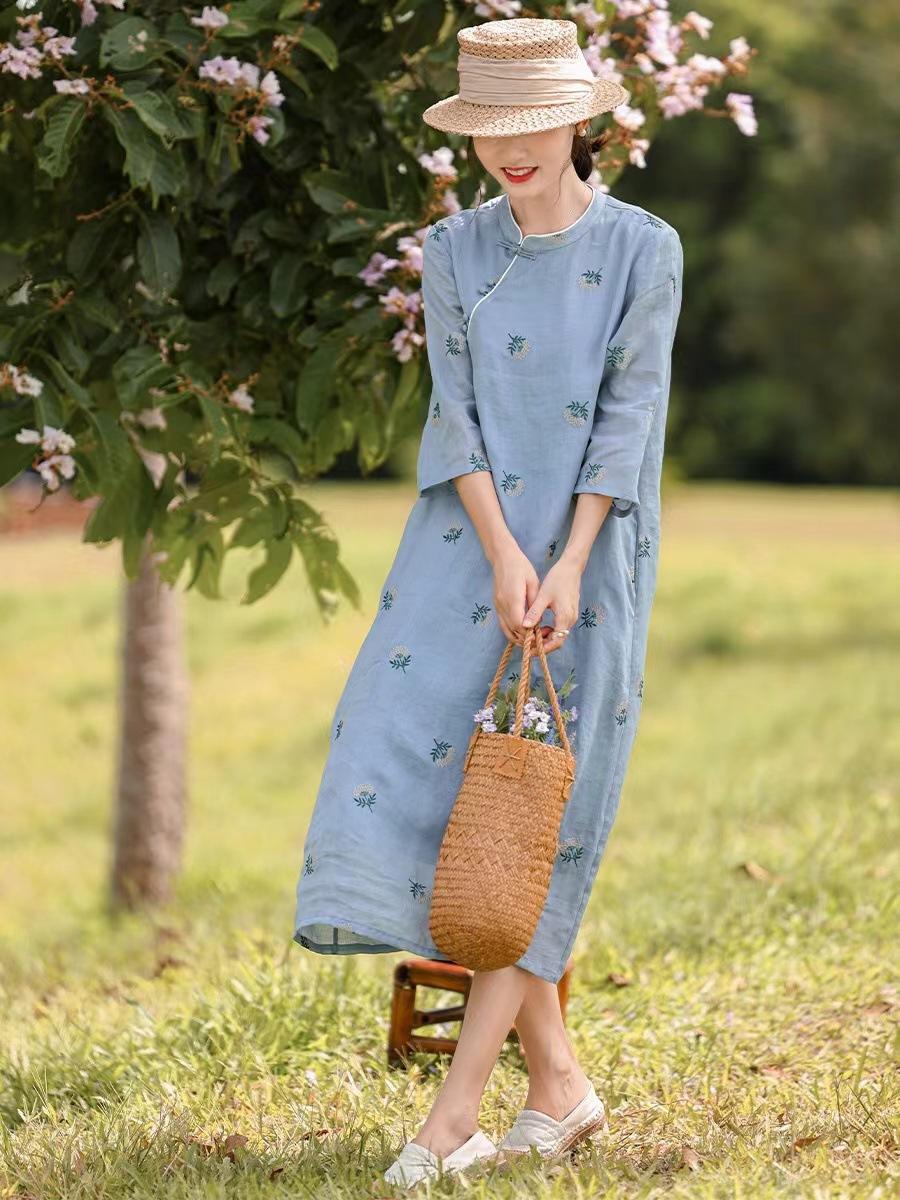 

Лето 2025 новое новое платье ципао в китайском стиле улучшенное средней длины свободное со средним рукавом воротник-стойка застежка-пуговица с принтом M