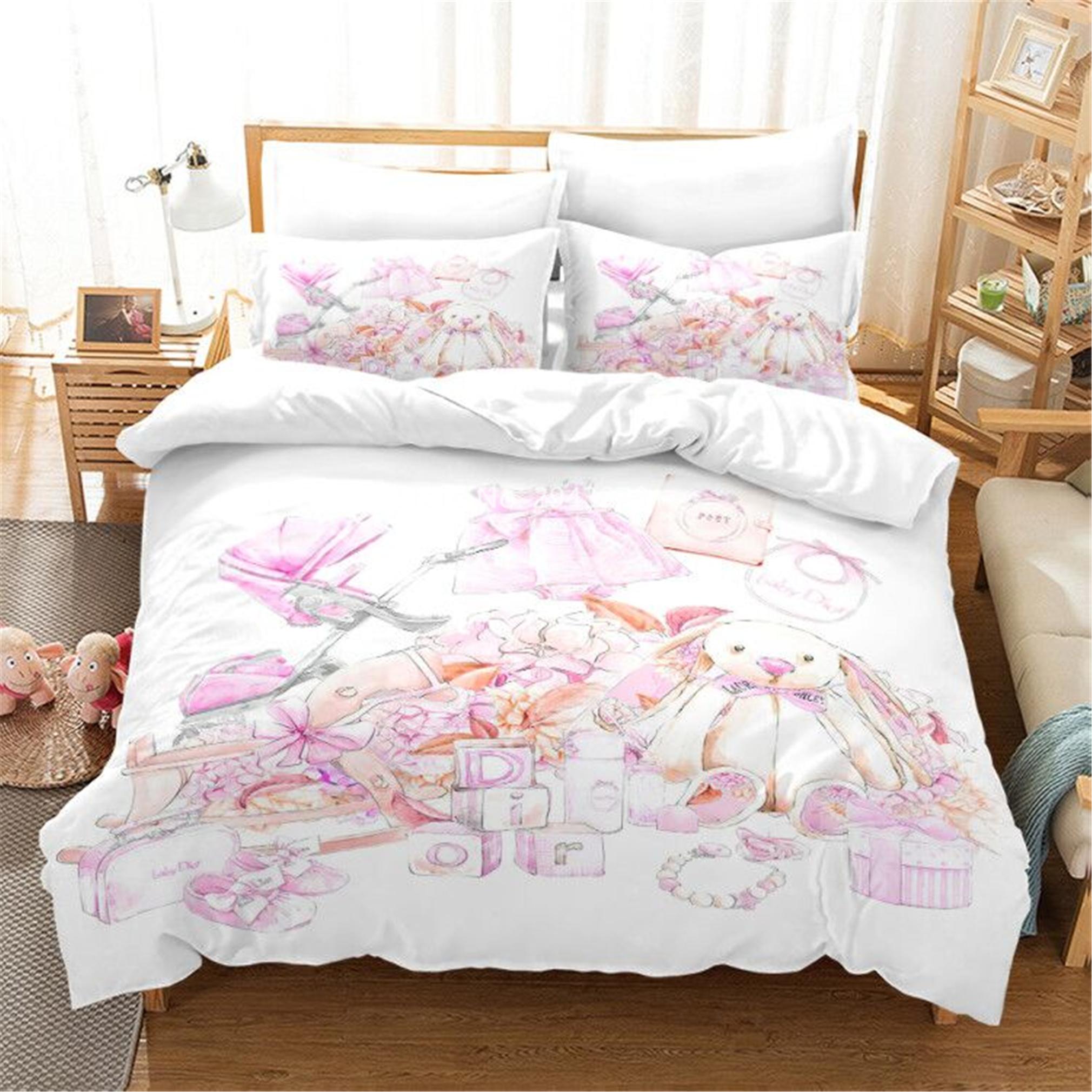 Home Textile Teddy Bear Flower Pattern Bedding Set Simple Bedspread Pillowcase Home Textile Children Adult Bedroom Decoration EU Twin 135x200cm