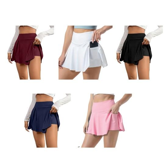 Yoga Skort High Waist Pure Color Women Sports Skirt with Inner Shorts Stretchy Soft Fabric Pocket Design Tennis Skort