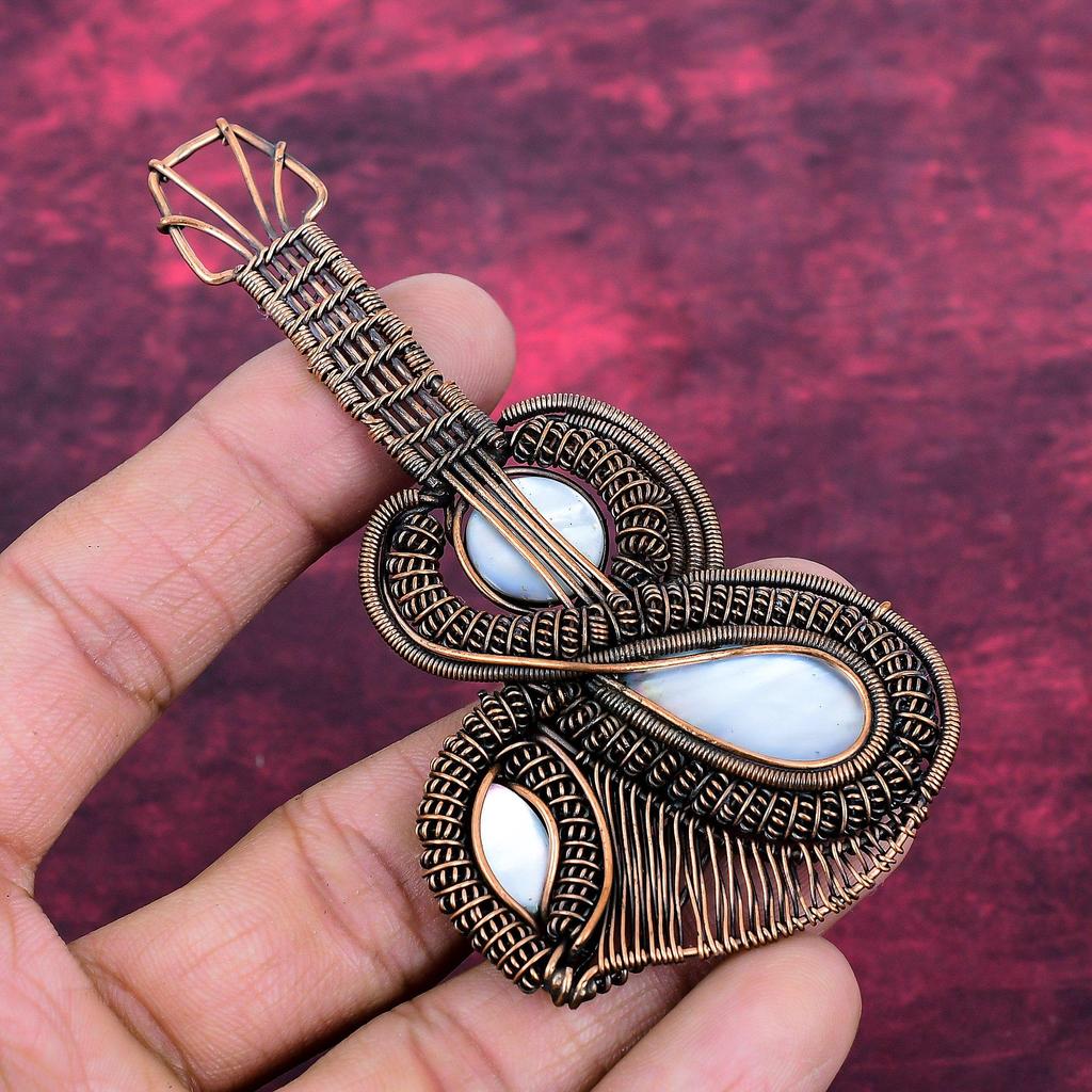Mother Of Pearl Gemstone Pendant Handmade Copper Wire Wrapped Guitar Jewelry