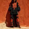 1116 Bohemian Print Cotton and Linen Suit Women's Bubble Sleeves Loose Top Wide-leg Pants Two-piece Set