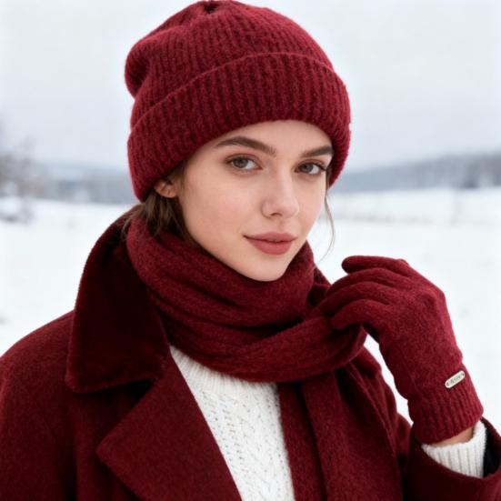 3Pcs/Set Women Hat Scarf Gloves Set Solid Color Ribbed Trim Brimless Hat Long Scarf Warm Gloves Set Winter Accessories