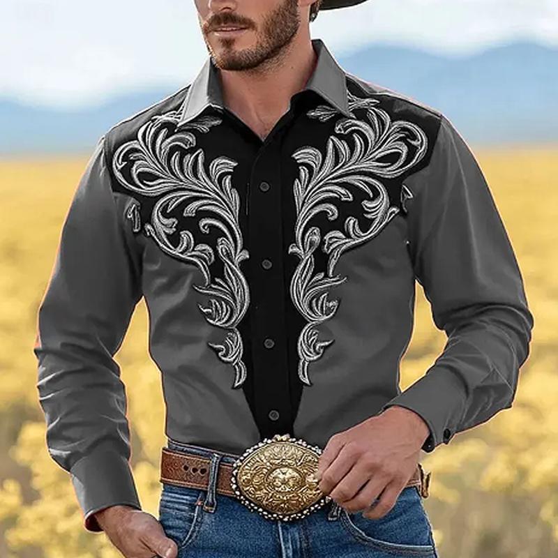 

Рубашка в западном ретро-стиле с длинным рукавом, с мягким принтом, тянущимся в четырех направлениях, не мнущаяся, повседневная мужская рубашка L серый