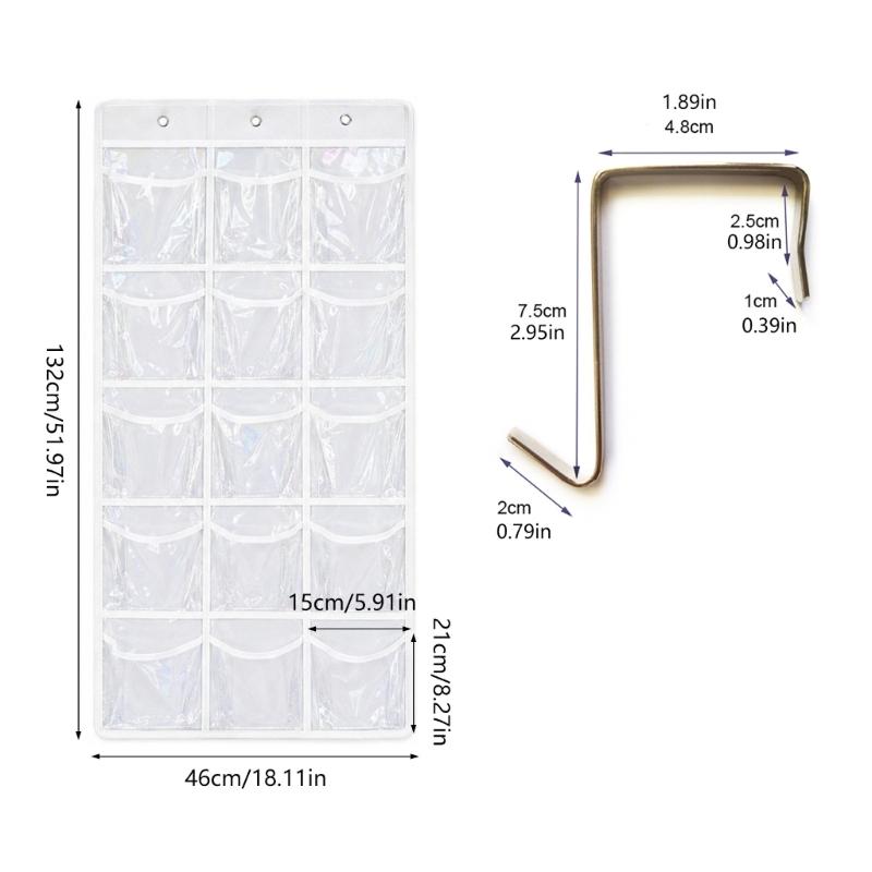 Clear Pocket Wall Storage Set of 2, Hanging Polyester Holder with 15 Front Pockets on Each Panel for Classroom Supplies, Phones and Daily Items