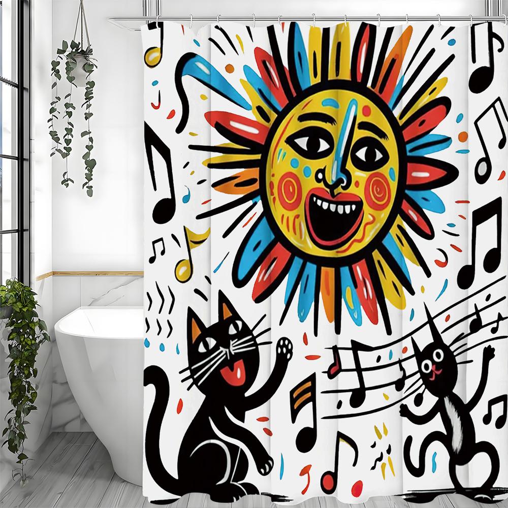 Abstrakt Quirky Graffiti Katt Sol Not Duschdraperi, Badrum Dekorativt Duschdraperi, Vattentätt Duschdraperi med Krokar