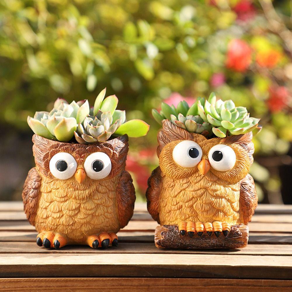 Cartoon Owl Planter Resin Hydroponic Flower Holder Creative Animal Vase Green Plants Potted
