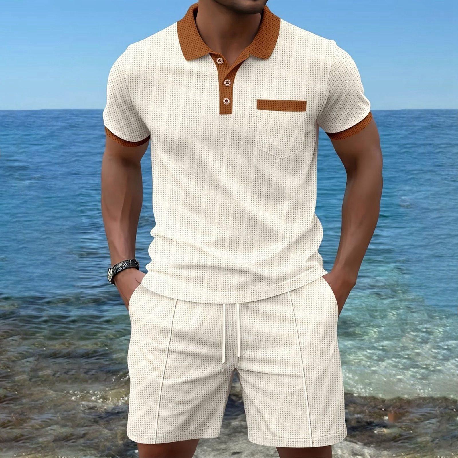 

Men s Collar Short-sleeved Shorts Set - Quick-drying Two-piece Set L бежевый