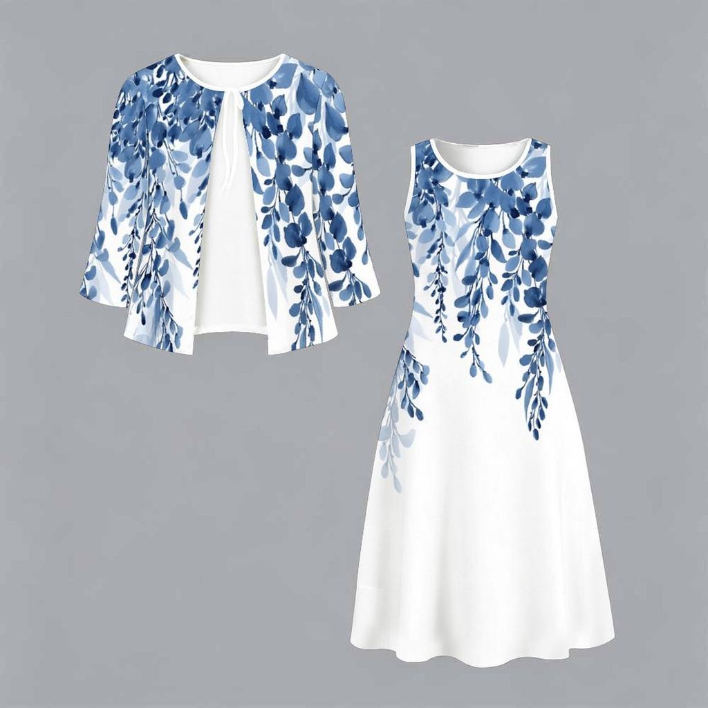 Oversized Ladies Two Piece Set Printed Slip Dress With Long Sleeve Open Front Cardigan
