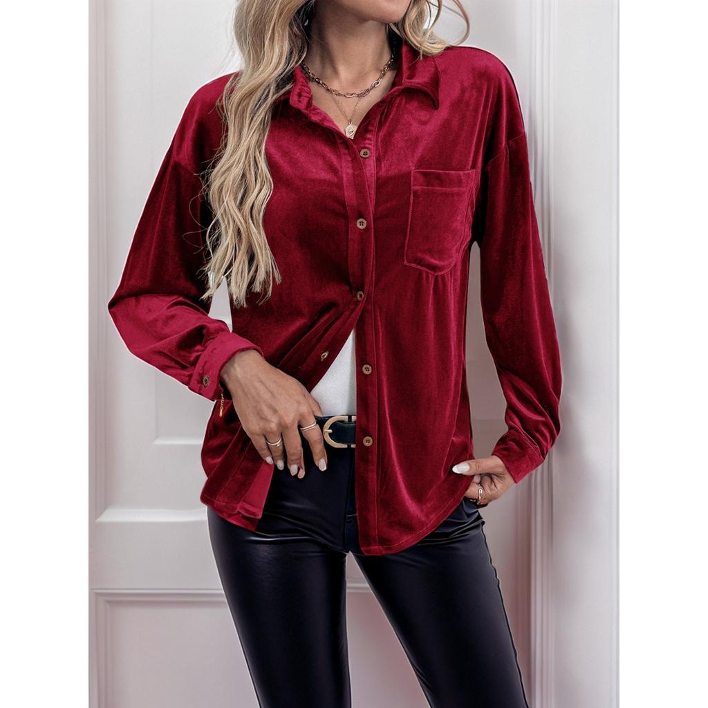 Women's Solid Color Lapel Lantern Sleeve Shirt Simple Versatile Casual Blouse Top for Europe America