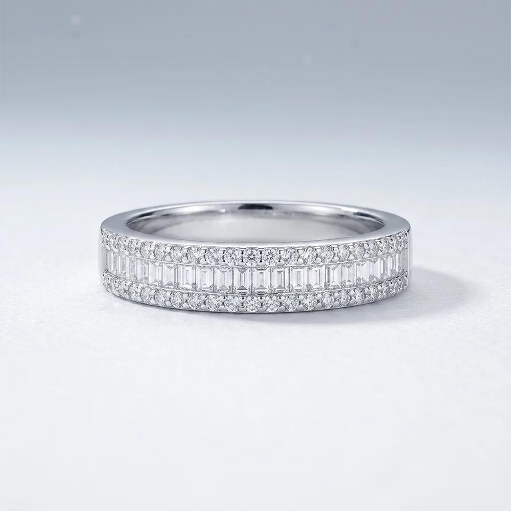 GRA Certified 925 Sterling Silver Half Eternity Moissanite Ring Baguette & Round Pave Channel Set Wedding Band Jewelry for Women