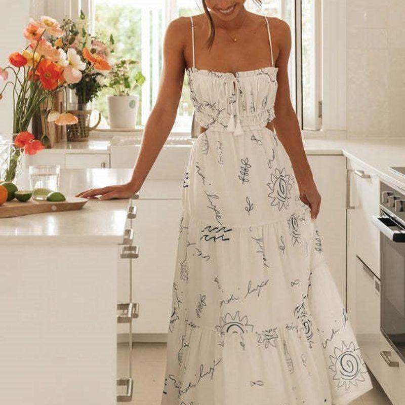 

Универсальная женская одежда Европейский и американский персонализированный новый модный принт Слинг Квадратный вырез Высокая талия Сексуальное открытое платье White L