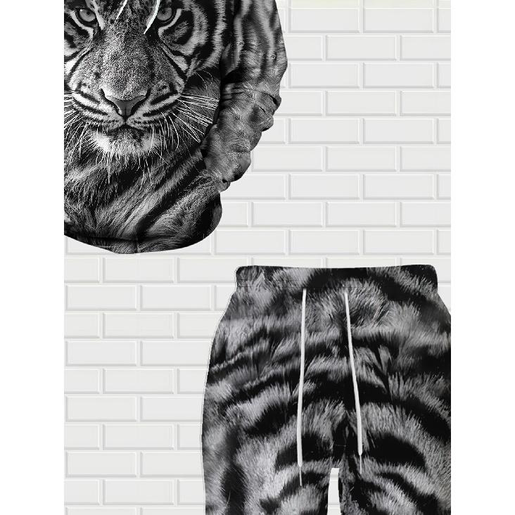 Men'S Spring Autumn Winter 3D Printed Casual Gray White Tiger Head Sweatshirt Hooded Set |, Crew Neck, Regular Fit, All Over Print, Slight Stretch,