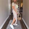 Women's Solid Color Polo Collar Short Sleeve Split Side Loose Fit Maxi Dress Casual Sheath Dress