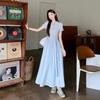 Blue Polo Collar Short-sleeved Dress Women's Summer Straps Slim Skirt Design Waist Big Swing Dress