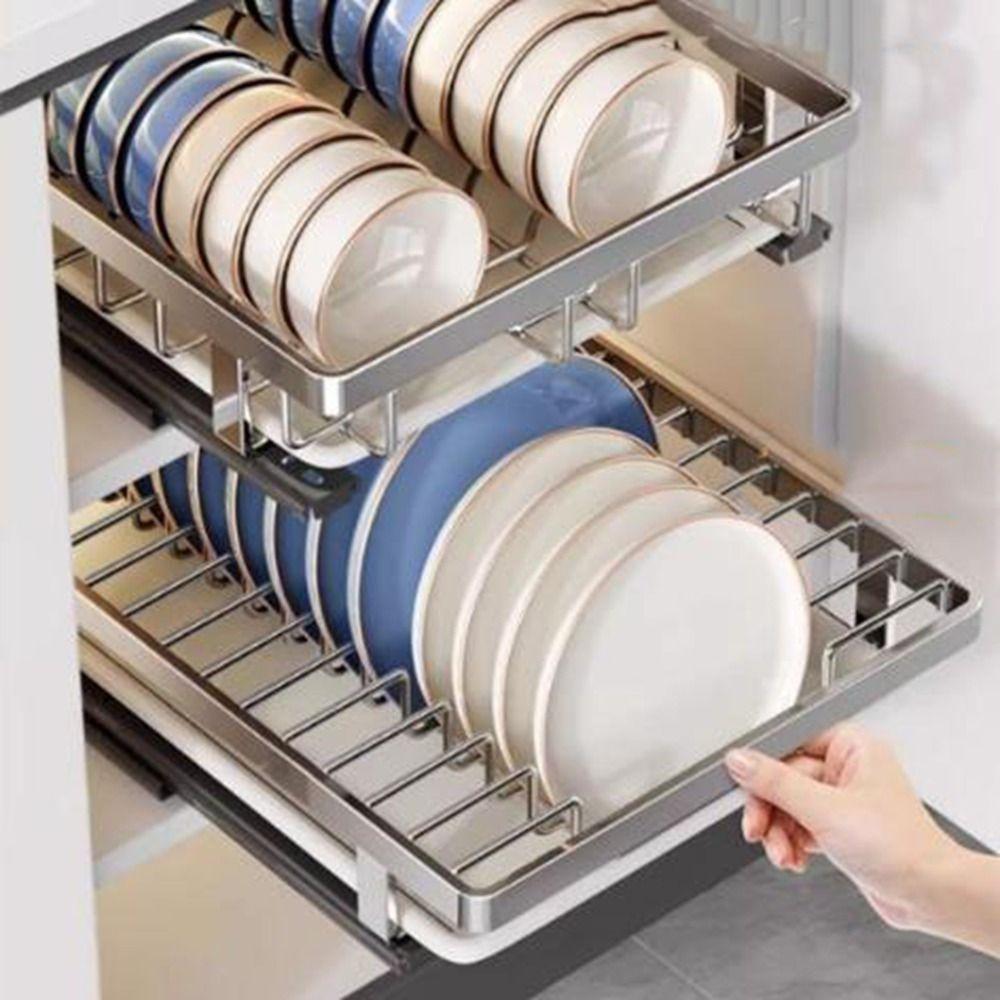 Stainless Steel Pull-out Dish Rack Large Dish Drainer Storage Rack Under Cabinet