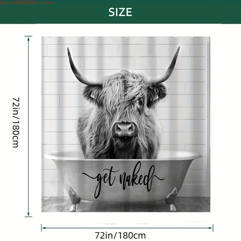 Grey Highland Cow Shower Curtain Set Get Naked Design- With Hooks Waterproof Mildew Proof Easy Install Washable