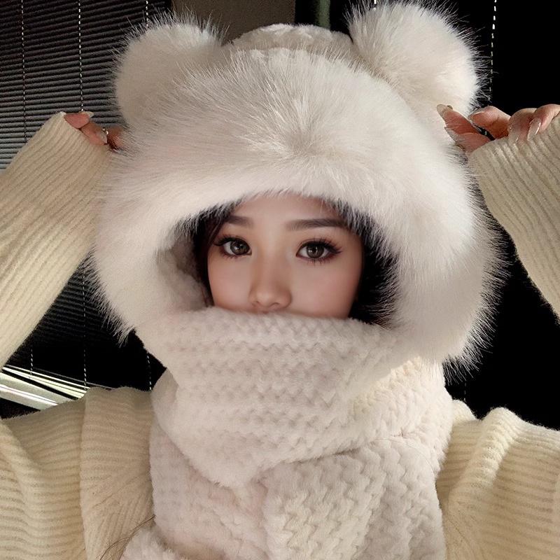 

Очаровательный комплект из шапки, перчаток и шарфа с медведем — женский плюшевый зимний теплый комплект для велоспорта на открытом воздухе