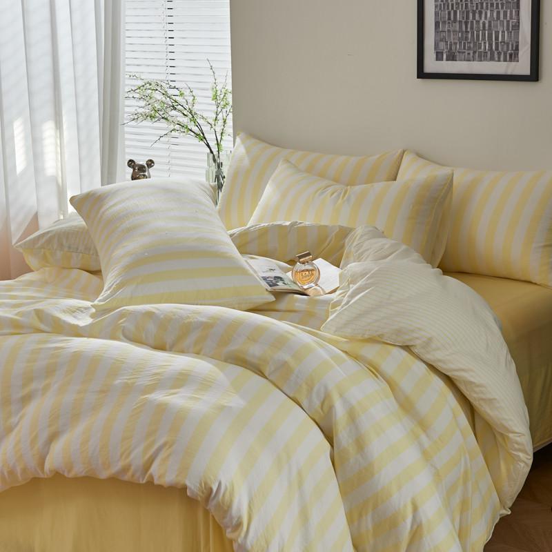 4Pcs Washed Microfiber Vertical striped colorful Bedding Set, Sweet Style Soft Duvet Cover with Zipper Flat Sheet Pillowcases