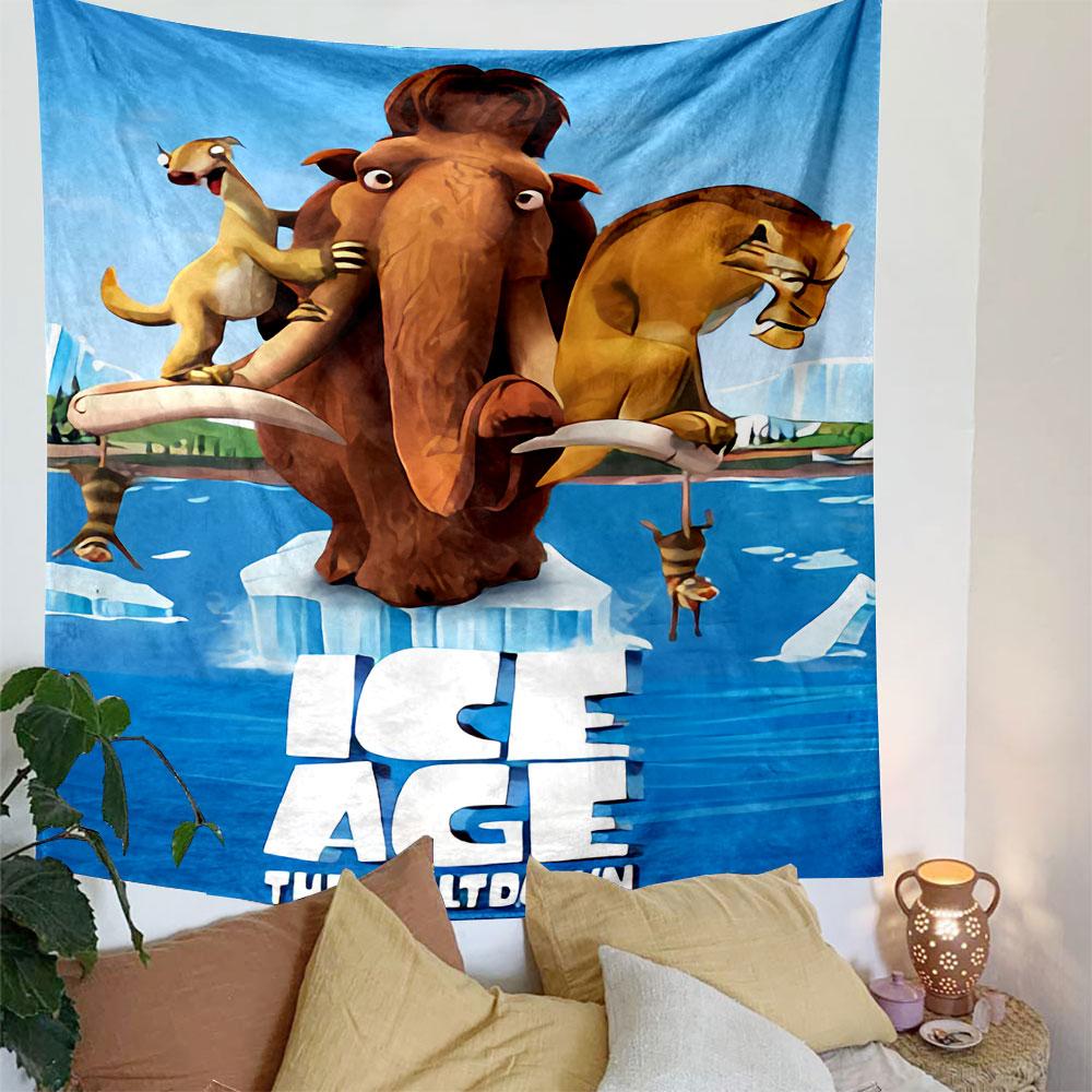 Ice Age The Meltdown Tapestry Wall Hanging, Sid Manny Diego Cartoon Movie Art, Fun Family Wall Decor for Kids Bedroom Playroom