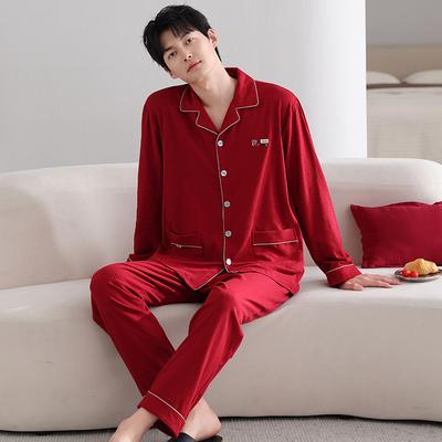 Pajamas Men'S Pure Cotton Spring And Autumn Long-Sleeved Men'S Red Simple Loungewear Men'S Suit