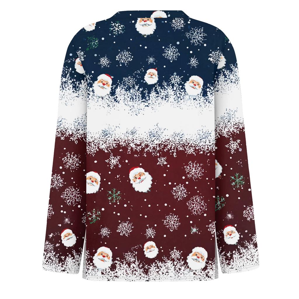 חולצת טי לנשים אופנה קז'ואל שסע מכפלת צווארון עגול שרוול ארוך רפויה מודפסת לחג המולד גבירות טופ