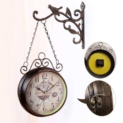 Antika Açık Bahçe Duvar İstasyonu Metal Saat Çift Taraflı Kuş Vintage Retro Yuvarlak Duvar Montaj Asılı Ev Dekor