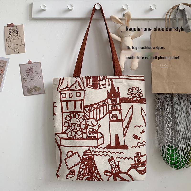 Summer Canvas Tote: Zippered Shoulder Bag for Shopping, Snacks, Laptop & School