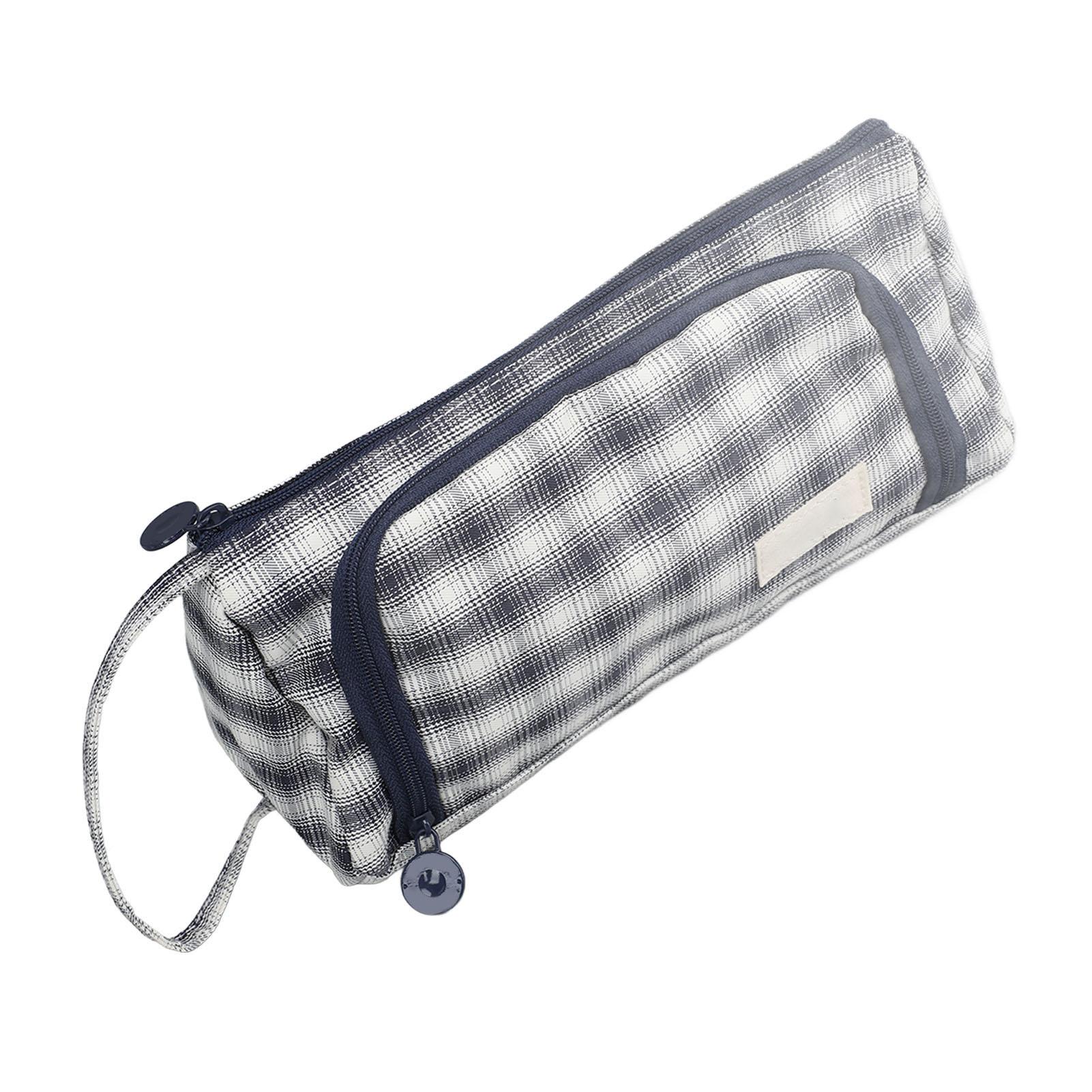 Canvas Pencil Case Dual Layer Large Capacity Pencil Bag Lovely Portable Pencil Pouch for Students Blue and Grey Check