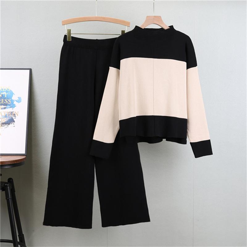 

Осенне-зимняя мода Свободный свитер с круглым вырезом и цветными блоками Комплект широких брюк Повседневный комплект из двух предметов для женщин One Size чёрный