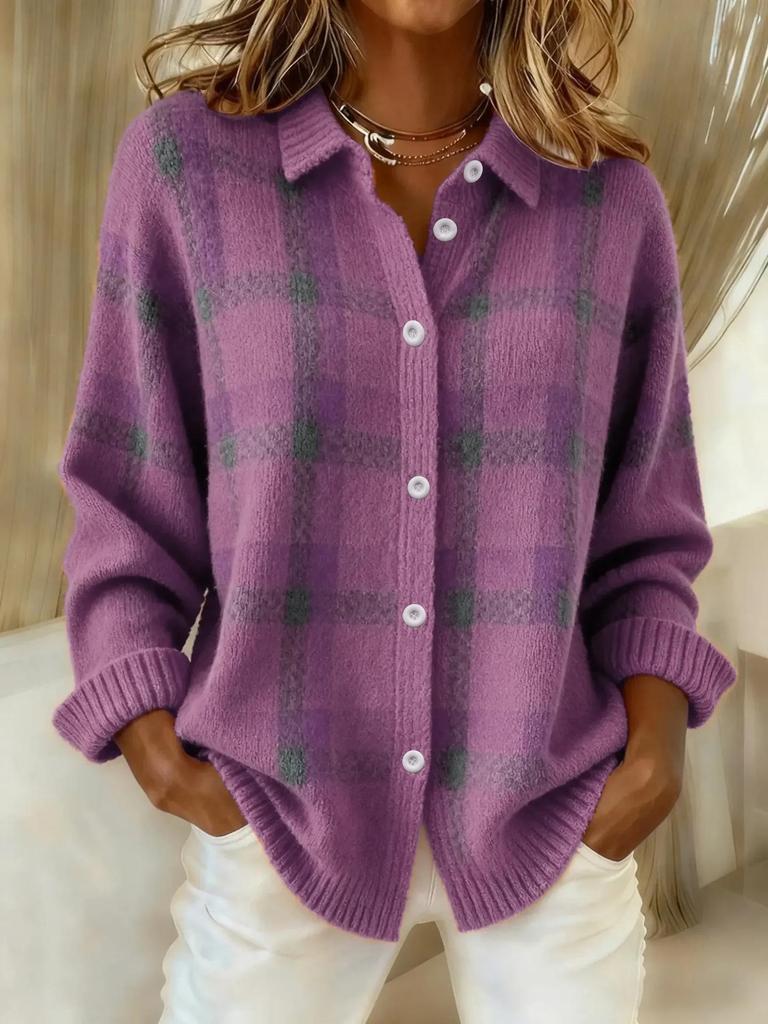 Women's Casual Plaid Long Sleeve Lapel Shirt Cardigan