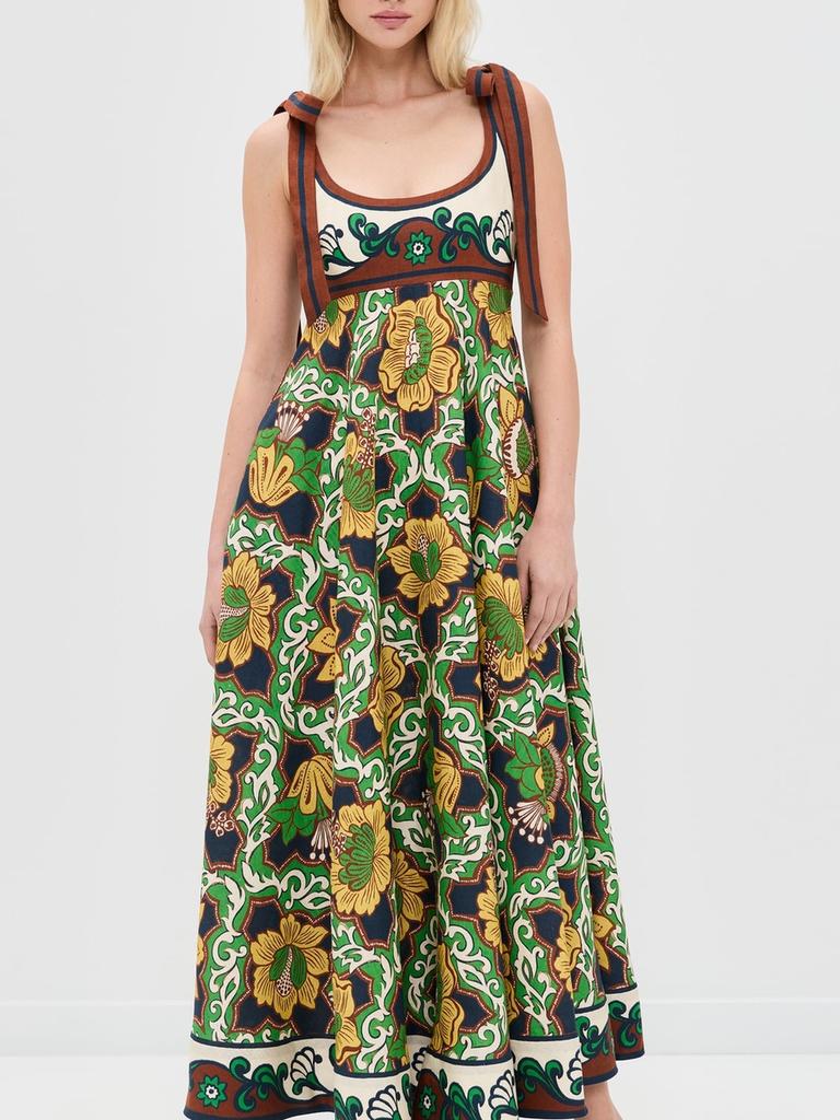 Lässiges Mode Leinen Bedrucktes Bindeband Raff Kleid