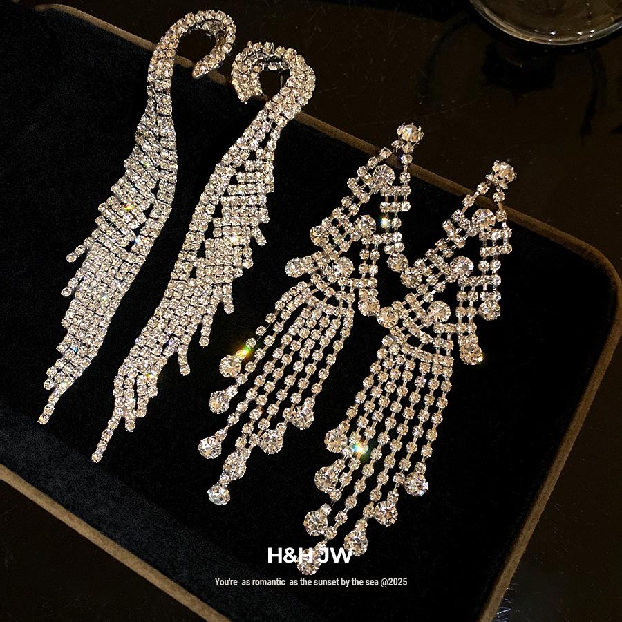Silver Needle Diamond Round Fringed Earrings Light Luxury High Sense Exquisite Fashion Earrings European and American Cold Wind Earrings