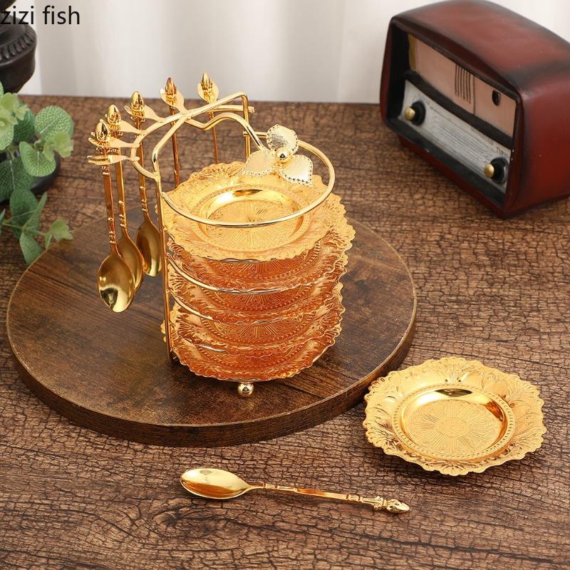Golden Metal Dessert Plate Snack Plates 6-piece Set Cup Saucer Storage Rack Tasting Plate Cake Plates Fruit Bowl Dim Sum Dish