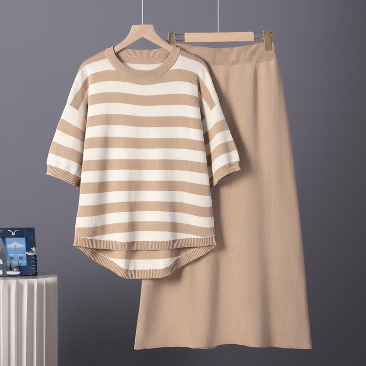 

European Women s Summer Fashion Set: Short Sleeve T-shirt + Knit Skirt Two-Piece Set One Size верблюд