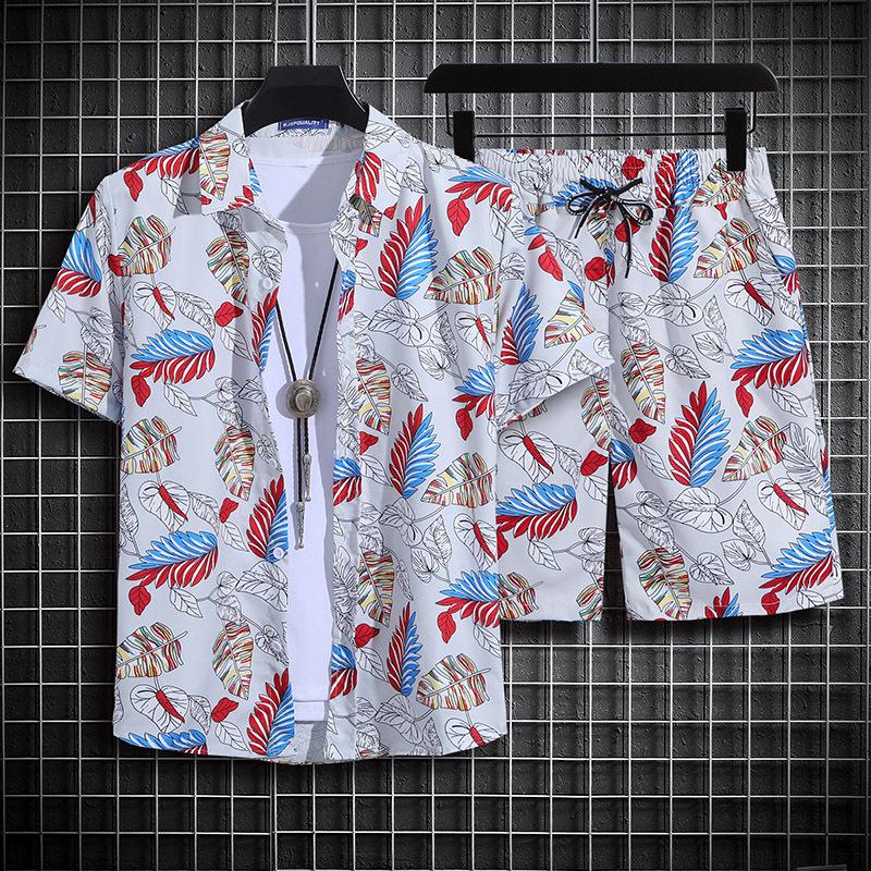 Herren Retro Blumen Kurzarm Hemd Set - Hainan Strandmode, Sanya & Hawaii Stil