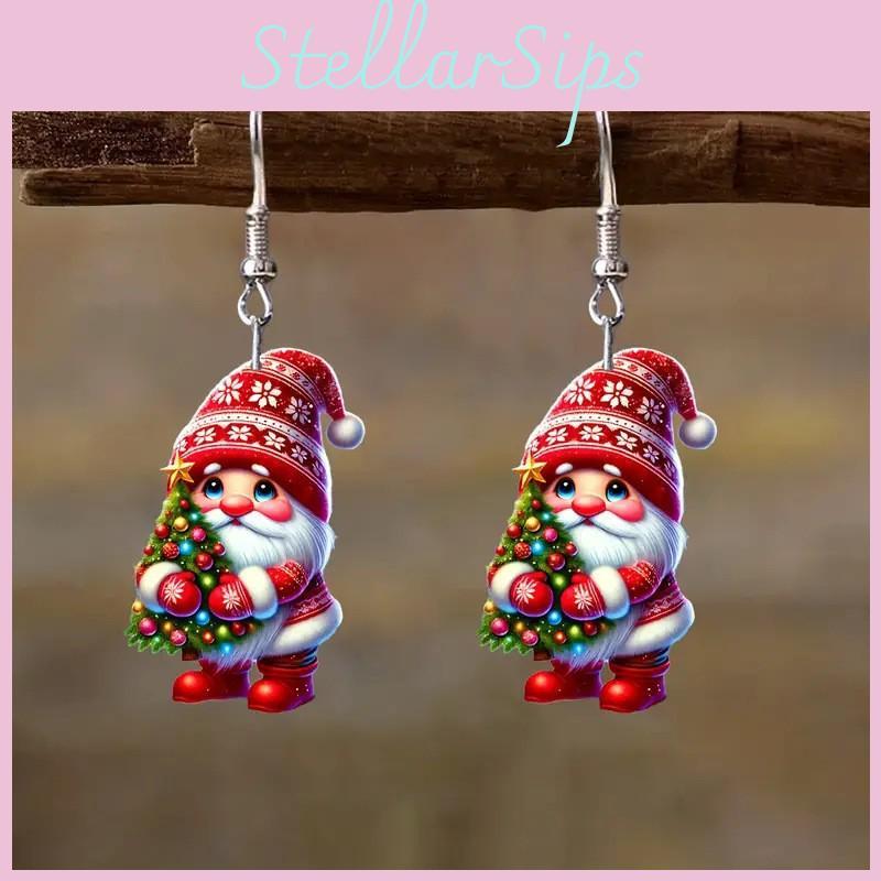 Christmas Themed Santa Claus Holding Tree Pattern Women Acrylic Earrings For Christmas Celebration Gift