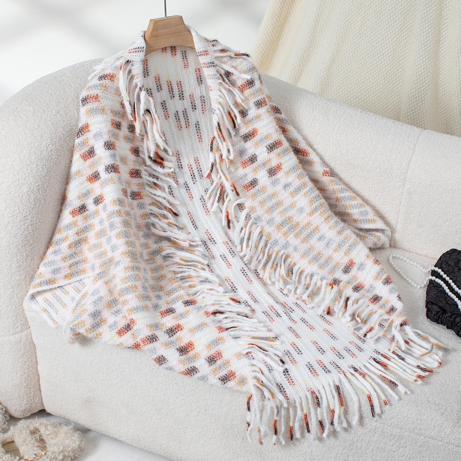 

Женская мода красочная клетчатая вязаная кисточка накидка повседневный свободный свитер накидка One Size бежевый